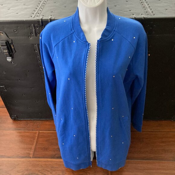Quacker Factory Royal Blue Rhinestones Zip Jacket Small - Picture 2 of 8